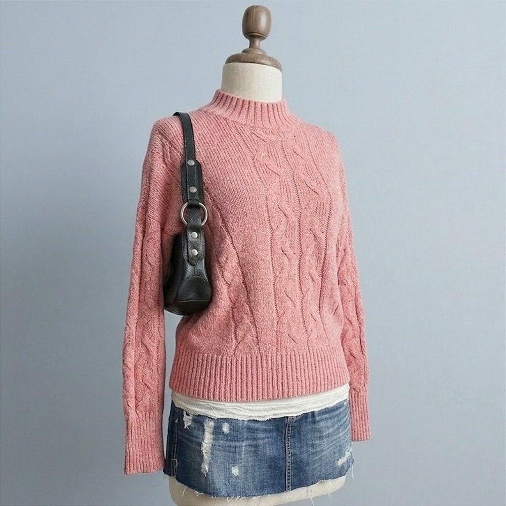 Pink Cable Knit Mock Neck Sweater Cozy Winter Fall Cottagecore
